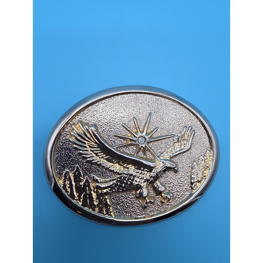 American Eagle Belt Buckle Flying Star Sun‎ Burst Rhinestone Silver Gold Tone